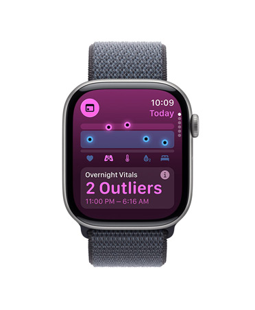 Apple Watch Series 11, värinä tähtiharmaa, alumiinikuori, Elintoiminnot-appi, unitulos-taulukko, ilmoitus yön aikana mitattujen elintoimintojen poikkeavuuksista, näkymä oikeasta sivusta, Digital Crown, Sport Loop ‑ranneke, värinä tummanharmaa