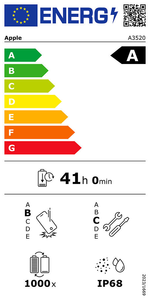 Étiquette énergie de l’UE, code QR et informations, modèle Apple A3520, classe A, classes d’efficacité énergétique (échelle allant de A à G), A (la plus élevée) à G (la plus basse), endurance de la batterie en cycles, 41 heures et 0 minute par charge complète de la batterie, résistance aux chutes libres répétées de classe B, A (plus résistante) à E (moins résistante), réparabilité de classe C, A (plus réparable) à E (moins réparable), endurance de la batterie de 1 000 cycles, indice de protection IP68 pour la poussière et l’eau, règlement 2023/1669.