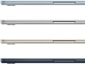 Exterior lateral a patru laptopuri MacBook Air, arătând patru culori diferite