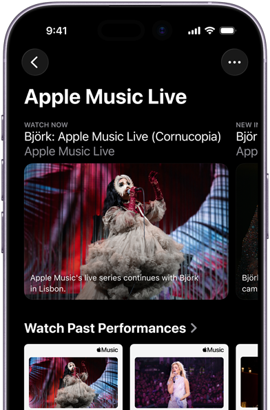 Apple Music Live-skærm på iPhone med Se nu og tidligere koncerter