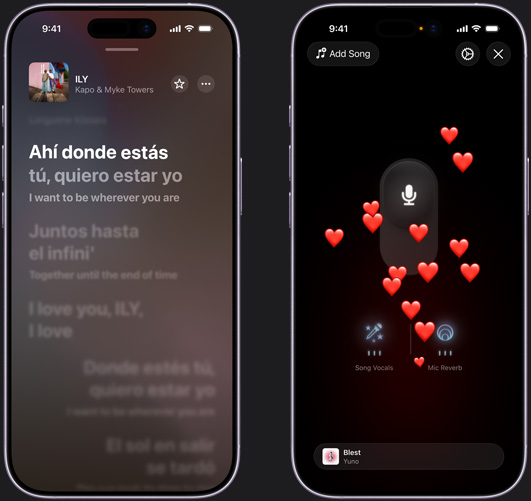 iPhone-skærmen til venstre viser Apple Music Sing-funktionen med afspilning af “ILY” med Kapo og Myke Towers, iPhone-skærmen til højre viser Apple Music Sing-funktionen med hjerte-emojis, der stiger op fra bunden af skærmen, mikrofonsymbol midt på skærmen og symboler for “Sangstemmer” og “Mikrofonrumklang” i bunden af skærmen