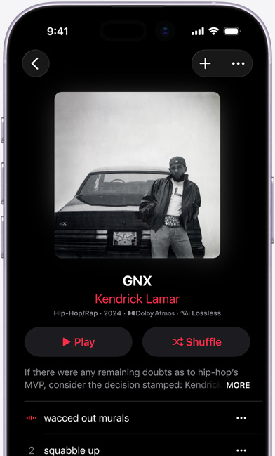 iPhone-skærm med Kendrick Lamar-albummet “GNX” på Apple Music