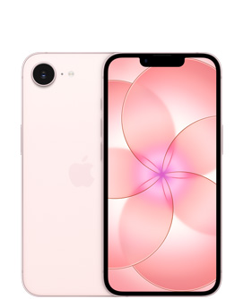 جهاز iPhone 17e، الجزء الخارجي الخلفي، لون زهري ناعم، كاميرا Fusion في أعلى اليسار، شعار Apple في الوسط، الجزء الخارجي الأمامي، لون زهري ناعم، تصميم كله شاشة
